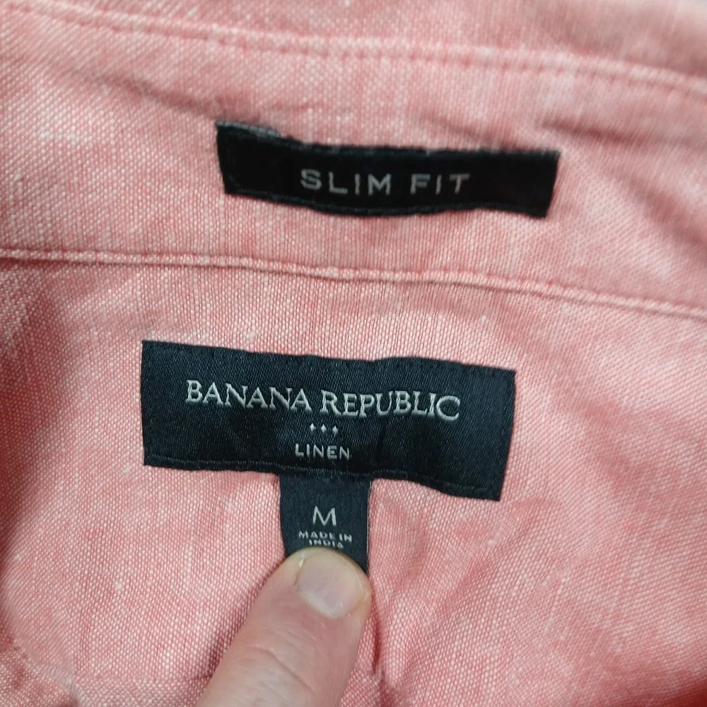 Banana Republic Men's M Slim Fit 100% Linen Short Sleeve Button-Up Shirt Pink‎